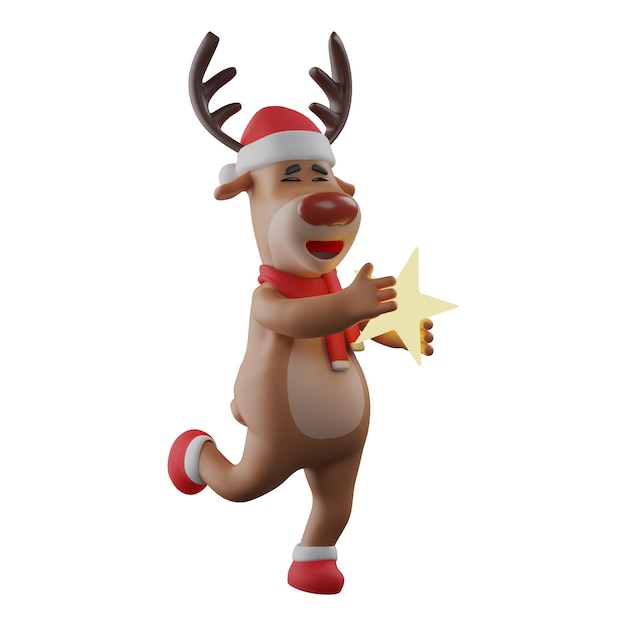 3D illustration Smiley Christmas Reindeer 3D character Cartoon design holding a star with one leg