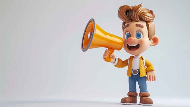 3D illustration of smiling african american man David making announcement with megaphone loudspeaker3D rendering on white background