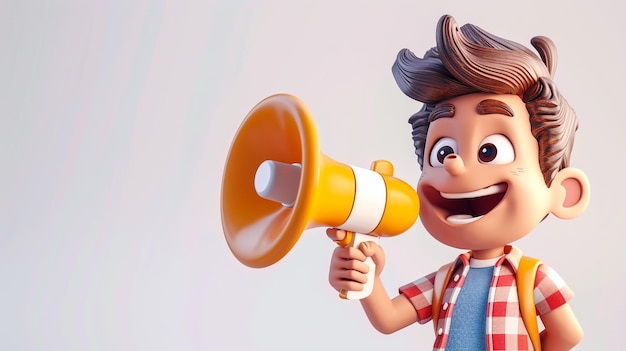 3D illustration of smiling Asian male guy Qadir making announcement with megaphone loudspeaker3D rendering on white background