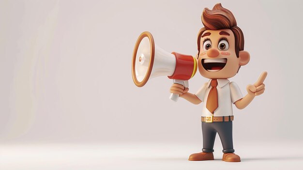 3D illustration of smiling Asian male guy Qadir making announcement with megaphone loudspeaker3D rendering on white background