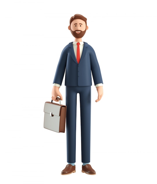 3D illustration of smiling bearded businessman in suit with bag.