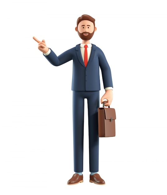 3D illustration of smiling businessman with bag pointing finger away over.