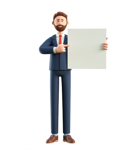 3D illustration of smiling happy businessman holding white blank board.