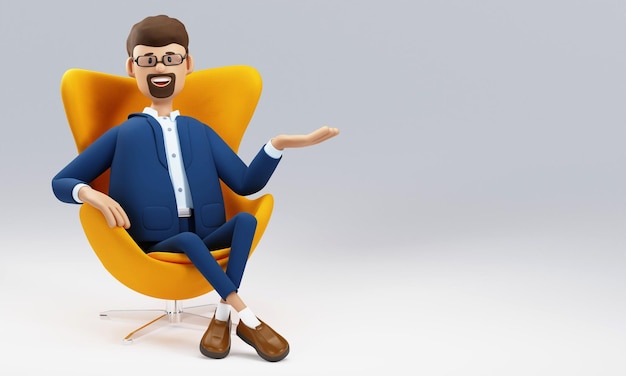 Photo 3d illustration of smiling man showing hand at direction close up portrait of cartoon businessman seated in a chair