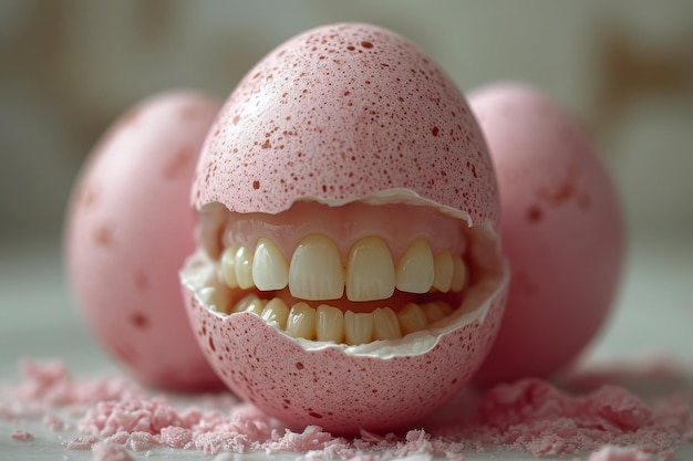 3d illustration of a smiling pink egg with big teeth on a table