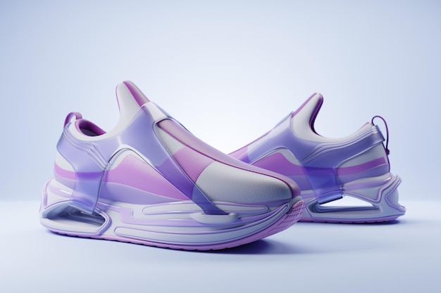 Photo 3d illustration of sneakers with bright gradient holographic print stylish concept of stylish and trendy sneakers