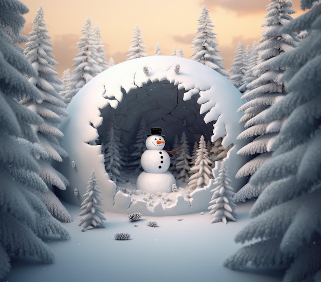 3d illustration of a snowman inside a round hole