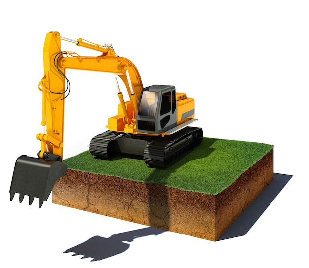 3d illustration of soil cutaway aerial view dirt cube with excavator isolated