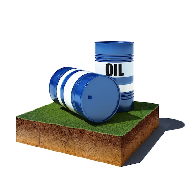 3d illustration of soil cutaway. Aerial view dirt cube with oil barrels isolated