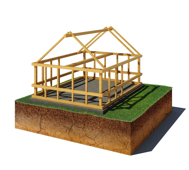 土壌断面図の3Dイラスト。分離された木造建築の空撮ダートキューブ