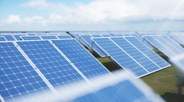 3Dイラストソーラーパネル。代替エネルギー。再生可能エネルギーの概念。エコロジーでクリーンなエネルギー。ソーラーパネル、反射の美しい青い空の太陽光発電。太陽光発電太陽電池。