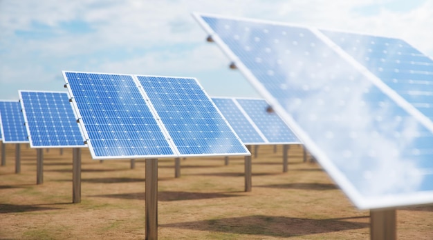 3Dイラストソーラーパネル。代替エネルギー。再生可能エネルギーの概念。エコロジーでクリーンなエネルギー。ソーラーパネル、反射の美しい青い空の太陽光発電。砂漠のソーラーパネル。