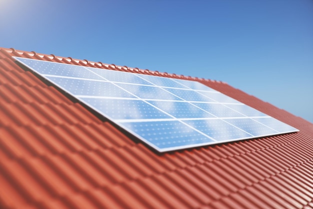 3D illustration solar panels on a red roof of a house. Solar panels with reflection beautiful blue sky. Concept of renewable energy. Ecological, clean energy. Green energy. Photovoltaic Solar cells.