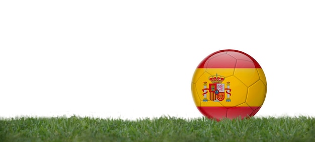 3D illustration spain flag on soccer ball on grass copy space with white background