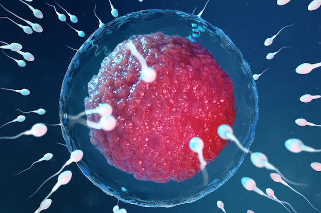 Photo 3d illustration sperm and egg cell, ovum. sperm approaching egg cell. native and natural fertilization. conception the beginning of a new life. ovum with red core under the microscope, movement sperm