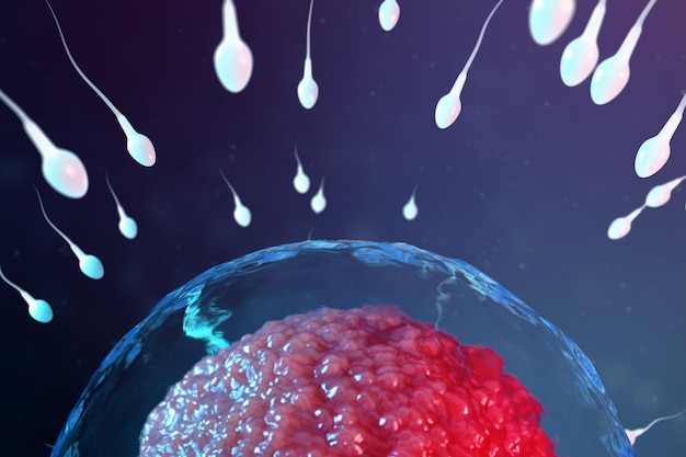 Photo 3d illustration sperm and egg cell, ovum. sperm approaching egg cell. native and natural fertilization. conception the beginning of a new life. ovum with red core under the microscope, movement sperm