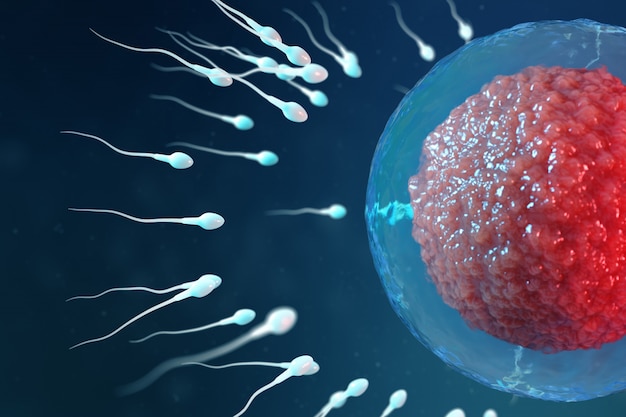 3D illustration sperm and egg cell, ovum. Sperm approaching egg cell. Native and natural fertilization. Conception the beginning of a new life. Ovum with red core under the microscope, movement sperm