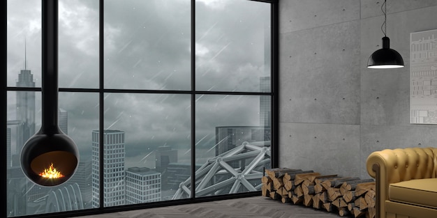 Illustrazione 3d. camino a sfera in acciaio all'interno nello stile del loft. tecnologia di riscaldamento. sfondo muro di cemento. panorama di una grande città durante un uragano