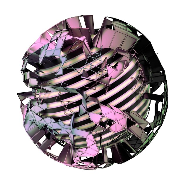 3d illustration of sphere with black and pink horizontal stripes inside colorful meshed sphere