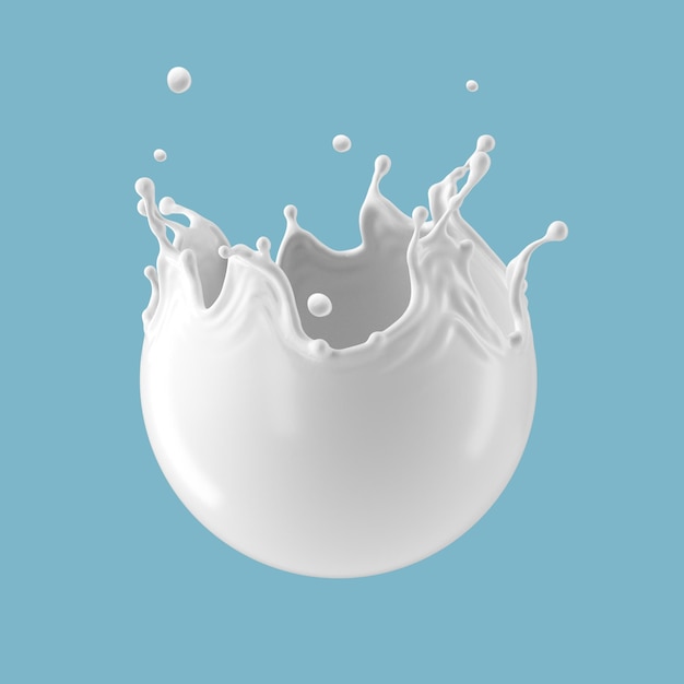 3d illustration spherical milk splash isolated on blue background