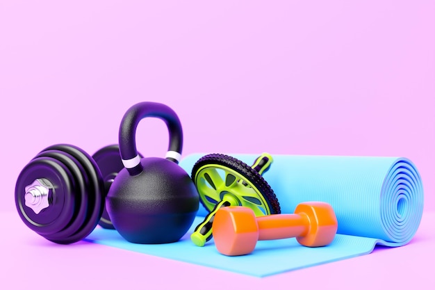 3d illustration of sports equipment for the gym or for home workouts Fitness and healthy lifestyle Multicolored dumbbell weights sport mat a gymnastic roller