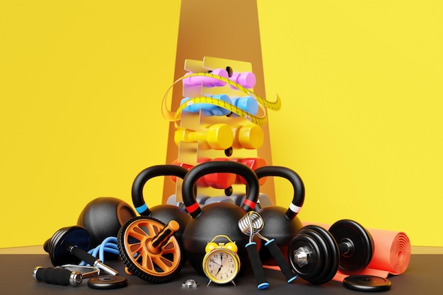 3d illustration of sports equipment Multicolored dumbbells on a shelf weights an alarm clock