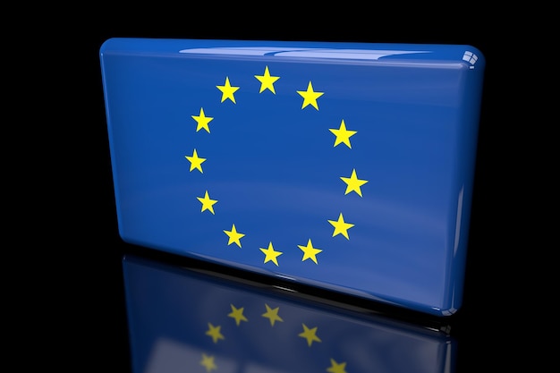 3D illustration of a square EU flag on a dark background.