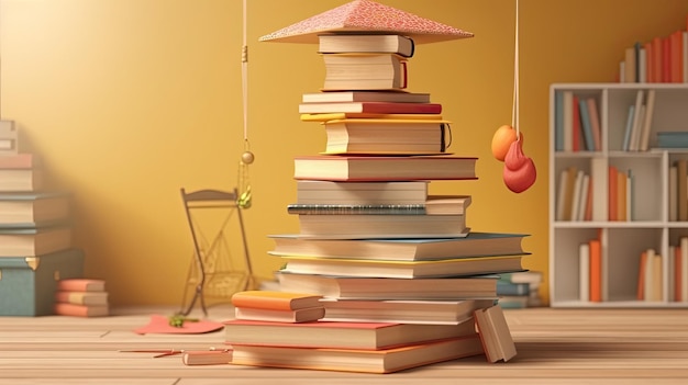 積み上げられた本、卒業の帽子、教育の日のはしごの 3 d イラストレーション