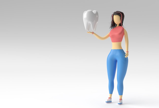 Illustrazione 3D della mano della donna in piedi che tiene i denti, 3D Render Design.