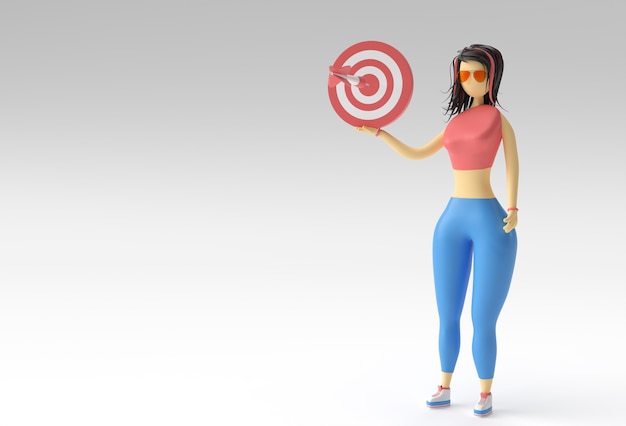 ターゲットマーケティングコンセプト、3Dレンダリングデザインを保持している立っている女性の3Dイラスト。