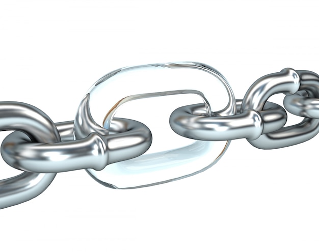 3D illustration of steel chain with a weak link in the glass.