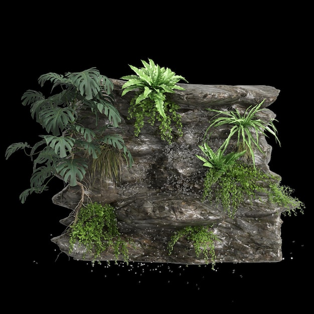 3d illustration of stone tree and waterfall isolated on black background