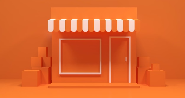 3D illustration of store with orange color backgroound 