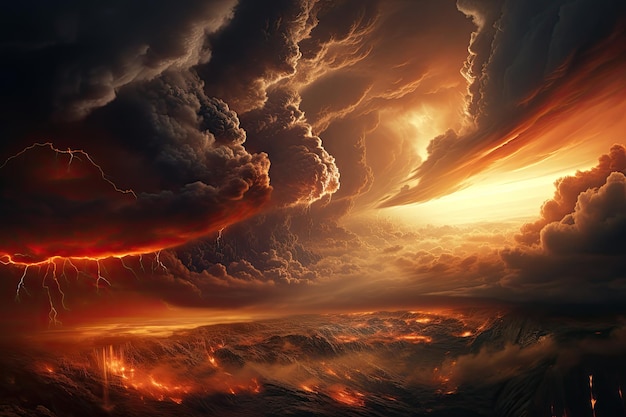 3D illustration of a stormy sky with lightning and storm clouds A fire hurricane ravages the cloudscape in the sky A visual representation of climate change induced apocalypse AI Generated