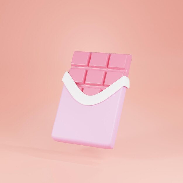 3D illustration of a strawberry flavored chocolate bar wrapped in a pink paper on pink background