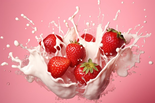 3d illustration strawberry splash of milk