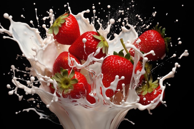 3d illustration strawberry splash of milk