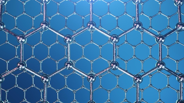グラフェンまたは炭素表面の3dイラストレーション構造、抽象的なナノテクノロジーの六角形の幾何学的形状のクローズアップ、概念グラフェン原子構造、概念グラフェン分子構造。