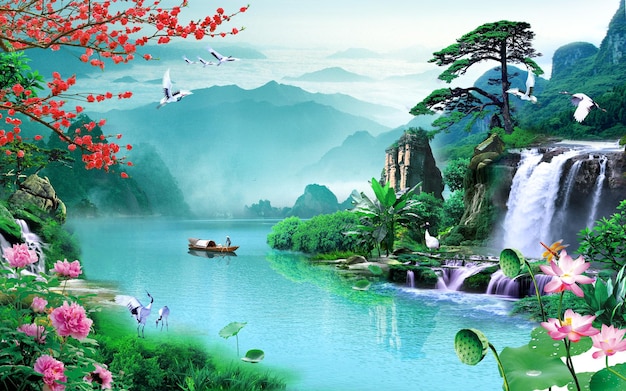 3D illustration A stunning natural vista featuring lush greenery flowing waterfalls and majesti