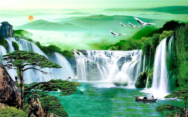 3D illustration A stunning natural vista featuring lush greenery flowing waterfalls and majesti