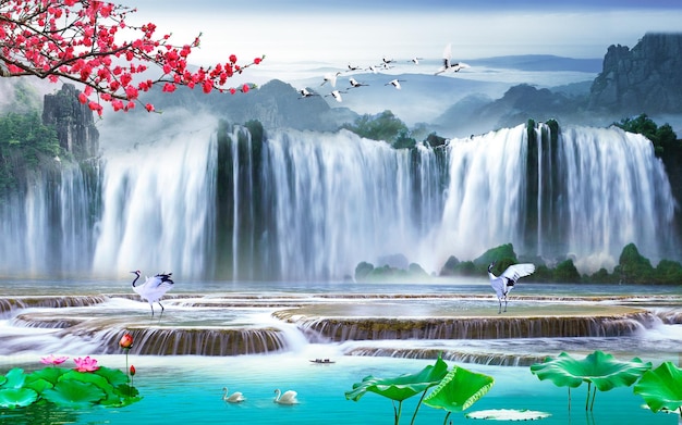 3D illustration A stunning natural vista featuring lush greenery flowing waterfalls and majesti