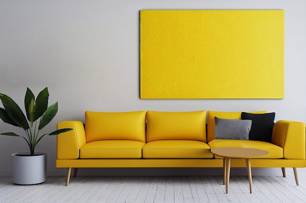 3d illustration of stylish yellow interior sofa and picture\
framed on the wall