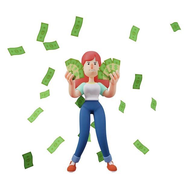Photo 3d illustration successful 3d cartoon image of a beautiful girl who has a lot of money showing