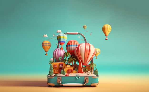 Photo 3d illustration suitcase with on the beach travel to world island travel vacation tourist summer