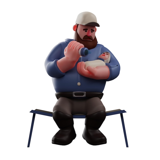 3D illustration Super Dad 3D Cartoon Character feeding his newborn baby sitting on a long chair