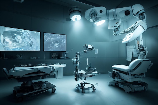 3d illustration of surgery robot in modern surgery room medical technology controlled by AI