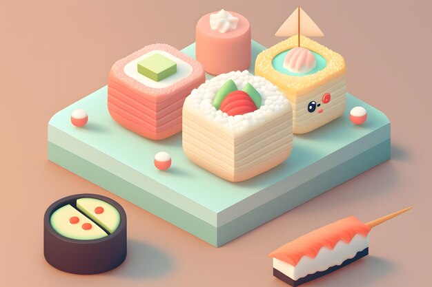 Foto un'illustrazione 3d di sushi e sushi.