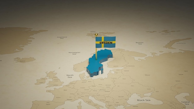 世界地図上の旗とスウェーデンの地図の3dイラスト