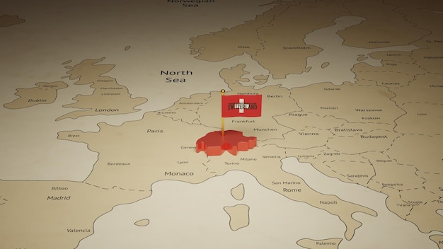 3d illustration of Switzerland map with flag on the world map