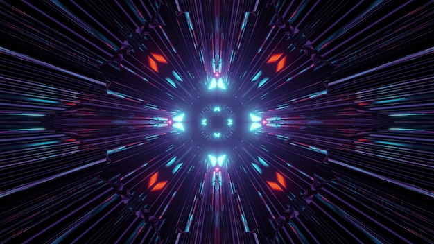 3D illustration of symmetric dynamic bright neon rays shining in dark tunnel as abstract background